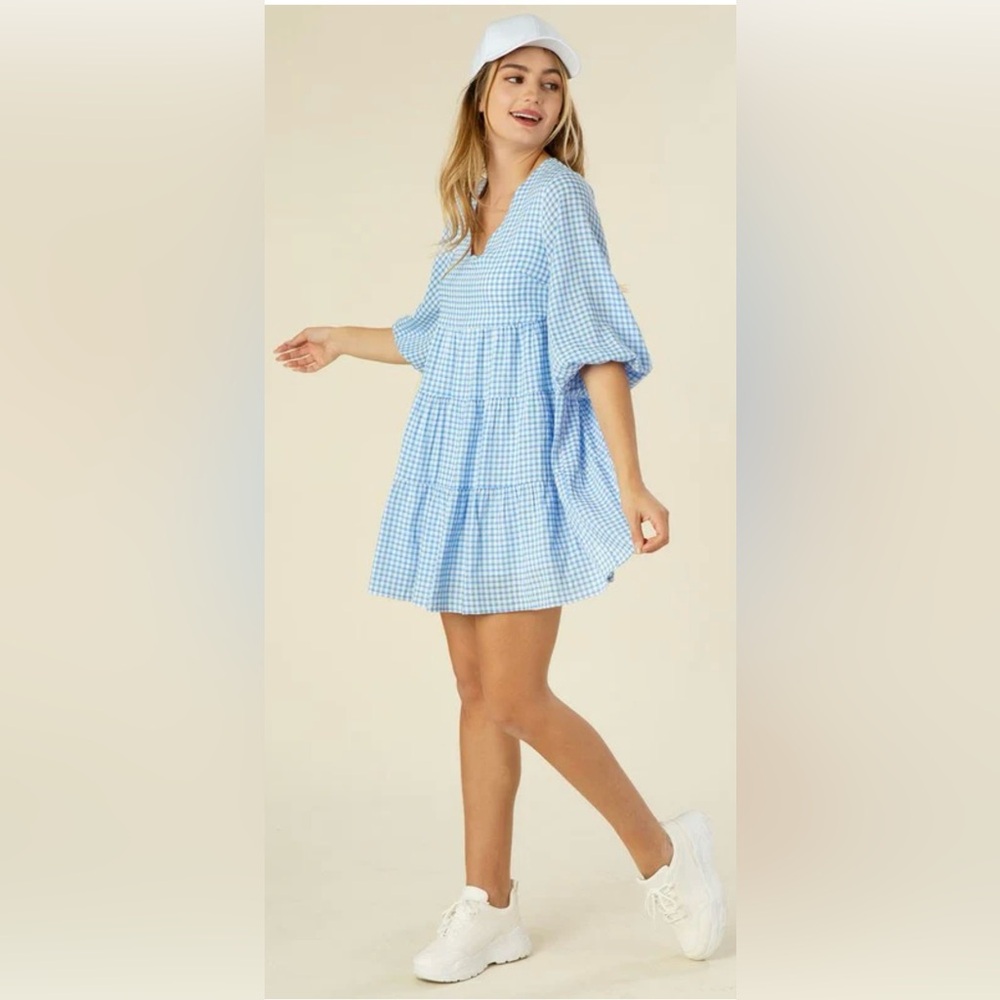 Game Day Blue Gingham Checkered V-neck Tiered Dress